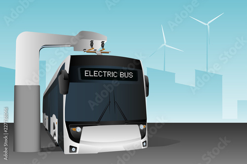 Electric bus at a stop is charged by pantograph. Vector illustration EPS 10