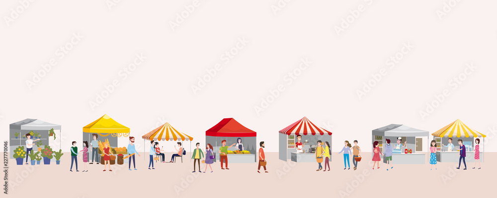 Outdoor festival with food trucks, awnings, tents, ice cream, coffee, hot dog, flowers, bakery, walking people, men and women buying and selling goods at park autumn. Flat cartoon vector illustration