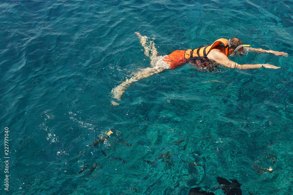 snorkeling in Egypt over beautiful red sea coral riffs while trip as tourist