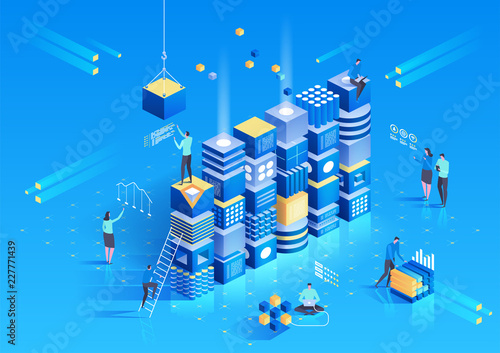Cryptocurrency and blockchain isometric composition with people