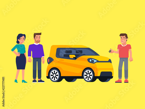 Carpool and car sharing. Happy people in front of the car.