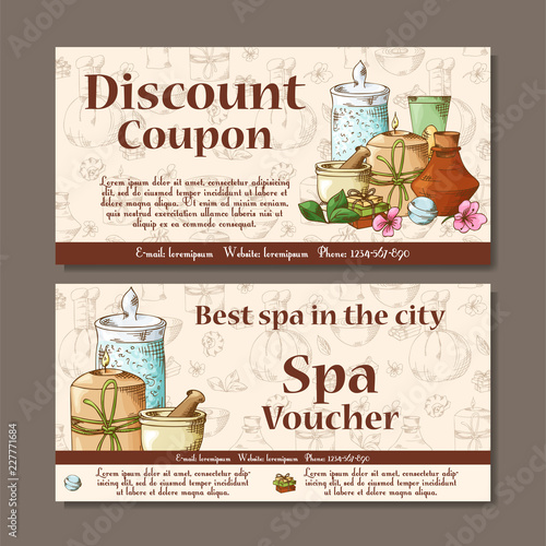 Gift voucher template with spa elements in hand drawn style. Sketch illustration. Design certificate for spa salon, beauty center. Vector pattern