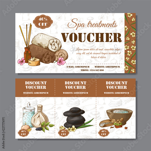 Gift voucher template with spa elements in hand drawn style. Sketch illustration. Design certificate for spa salon, beauty center. Vector pattern