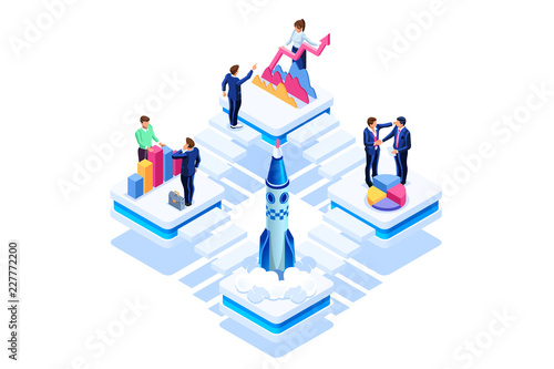 Graph to discuss, consulting company launch new startup. Product insurance or tech dashboard space. Infographic with characters and text flat isometric concept. Vector illustration