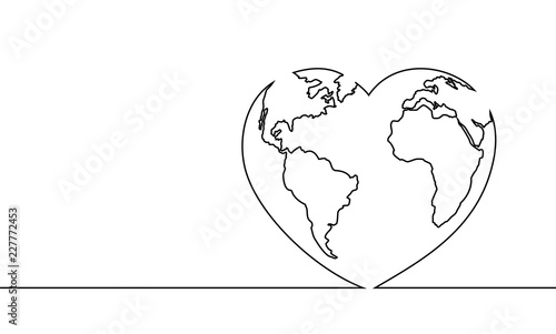 Vector illustration of the continuous line drawing of the heart and world. The world of love. The happy world day.