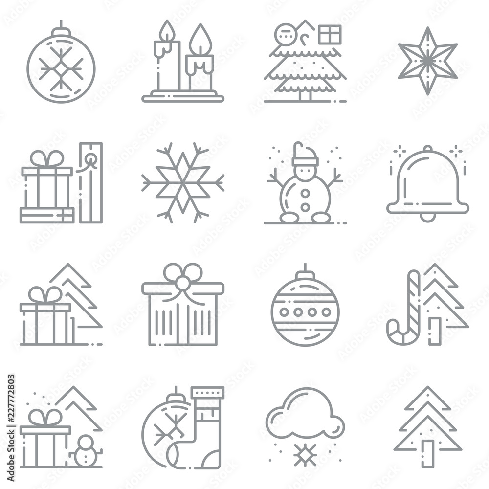 Naklejka premium Merry Christmas and happy new year line art icon .grey thin lines icons.