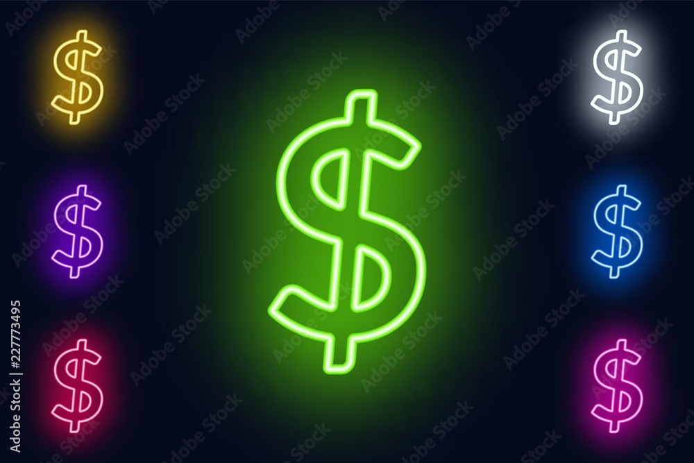 Neon dollar sign in various color options on a dark background . Neon dollar sign in various color options on a dark background .