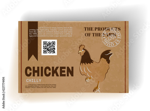 Realistic cardboard box with chicken meat. Package design.