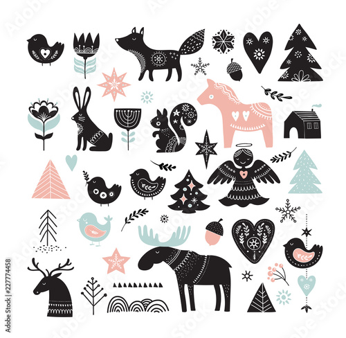 Christmas illustrations, banner design hand drawn elements in Scandinavian style