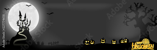 Halloween castle, pumpkins and bats
