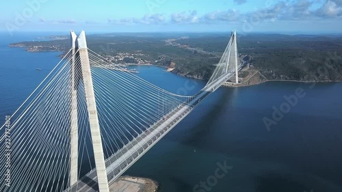 Aerial of Yavuz Sultan Selim Bridge, Istanbul. World’s widest suspension bridge, it has a main span of 1408m, makes it one of the longest railroad suspension bridges. Bridge towers are 330m high photo