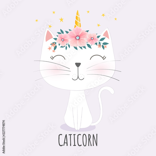 Cute caticorn head with flower crown. 