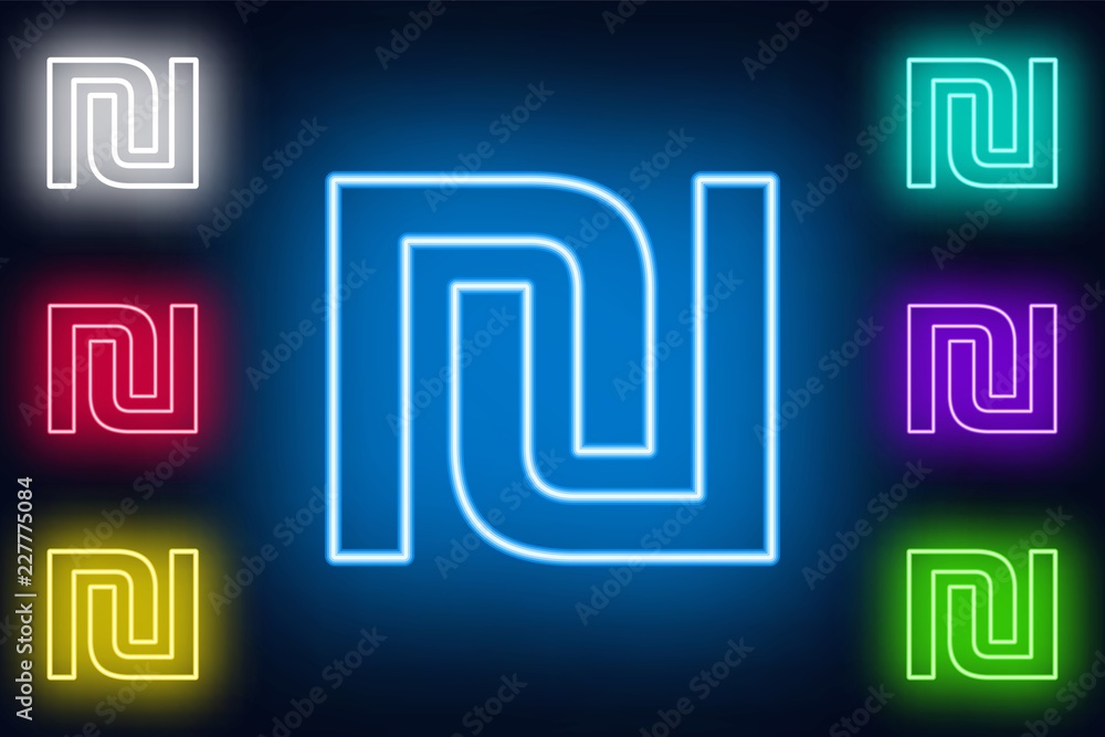 Neon Sheqel sign in various color options on a dark background . Neon Sheqel sign in various color options on a dark background .