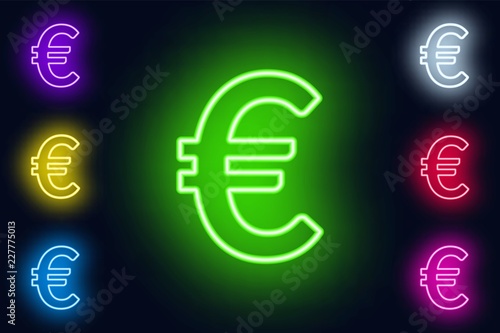 Neon euro sign in various color options on a dark background .