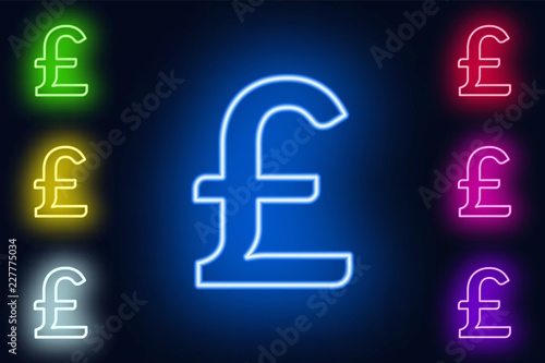 Neon Pound Sterling sign in various color options on a dark background .