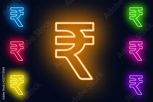 Neon Rupee sign in various color options on a dark background .