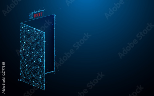 Emergency exit sign form lines, triangles and particle style design. Illustration vector