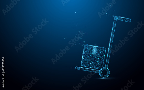 Hand truck dolly delivery form lines, triangles and particle style design. Illustration vector