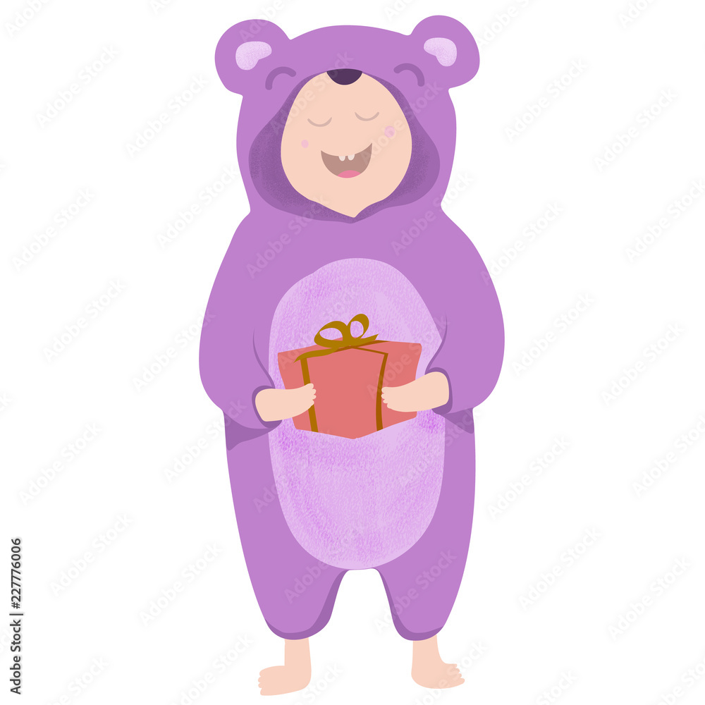 Fototapeta premium illustration of happy smiling kid with present, wearing kigurumi bear costume, holding present within hands isolated on white background