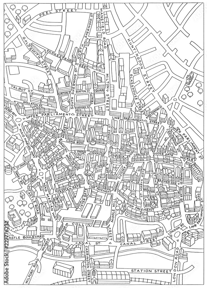 Nottingham street map drawing outline