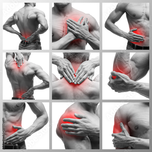 Pain in different man's body parts, chronic diseases of the male body, collage of several photos isolated on white background photo