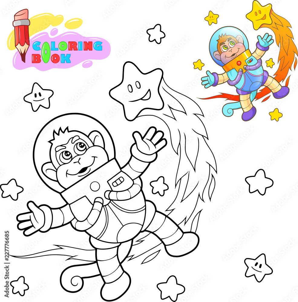 cartoon cute monkey astronaut flies among the stars coloring book cartoon cute monkey astronaut flies among the stars coloring book