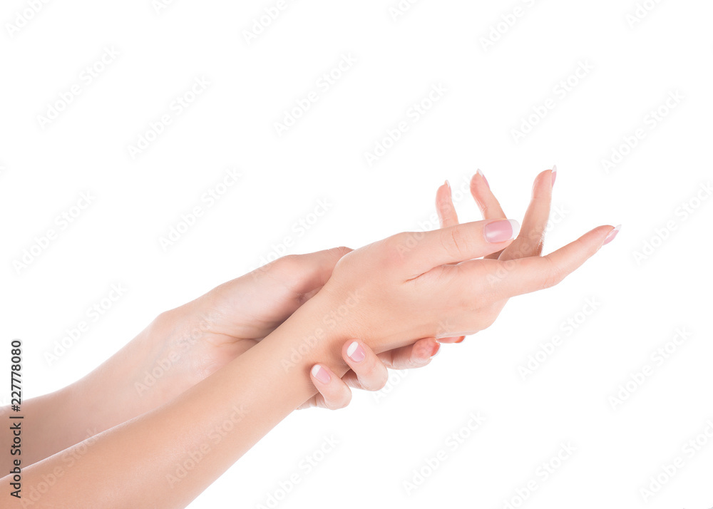 Woman rubbing her hands, isolated on white