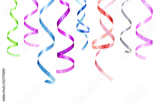 Set of Party hanging curling ribbons isolated on white background. Christmas decorations elements. Various serpentine or tapes