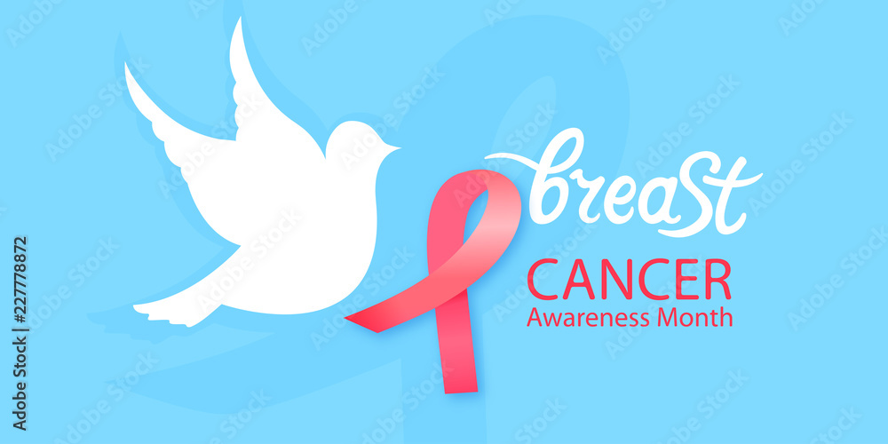 White dove with a pink ribbon. National Breast Cancer Awareness Month concept White dove with a pink ribbon. National Breast Cancer Awareness Month concept