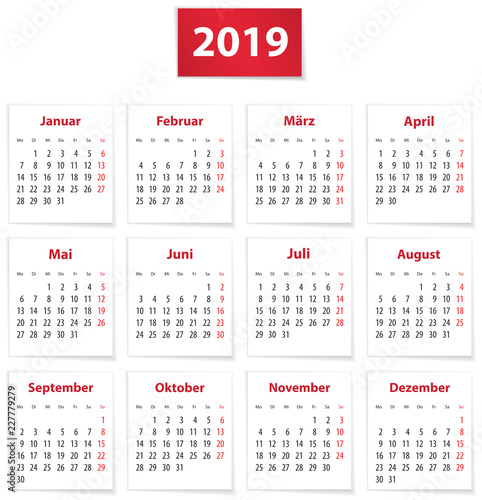 2019 German calendar on red and white papers