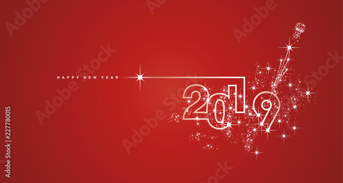 New Year 2019 line design firework champagne white red landscape vector greetings