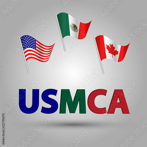 vector set of three waving american, canadian and mexican flags on silver pole - the united states of America Mexico Canada Agreement with 3d blue green red text title USMCA