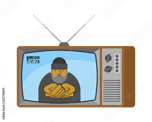 Homeless news old tv. Beggar broadcasting journalist. Pauper Anchorman in tv studio. Live broadcasting