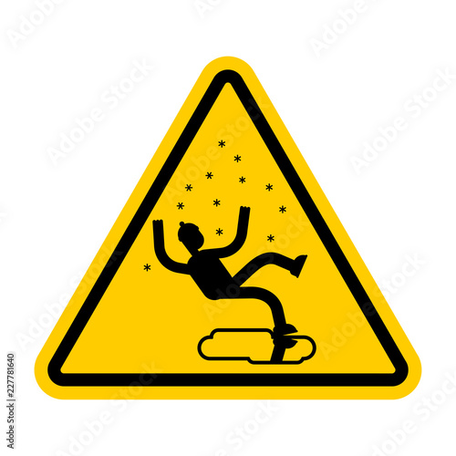 Attention Slippery ice road in winter. Caution Slip on ice. Yellow road danger sign