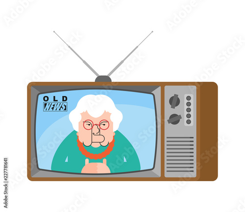 Old news retro tv. Grandmother Live broadcasting.  grandma broadcasting journalist. granny Anchorman in tv studio.