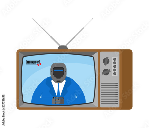 Technology tv Future News old television. Robot broadcasting journalist. Cyborg Anchorman in tv studio. Live broadcasting.