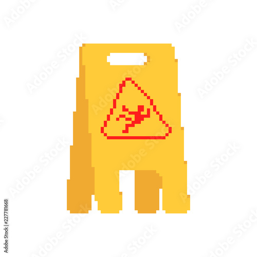 Wet floor yellow sign pixel art. 8 bit caution slippery accident