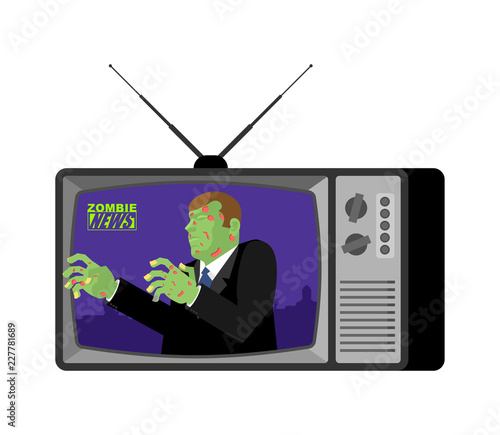 Zombie news old tv. Halloween Live broadcasting. Terrible Dead man broadcasting journalist. deceased Anchorman in tv studio.
