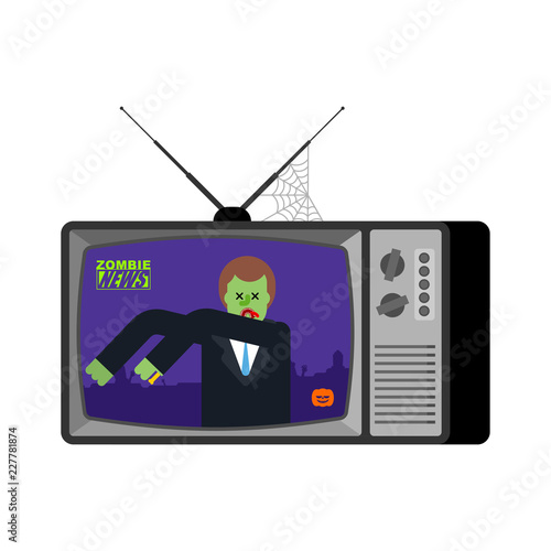 Zombie news old tv. Halloween Live broadcasting. Terrible Dead man broadcasting journalist. deceased Anchorman in tv studio.
