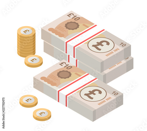 Isometric stacks of 10 pound sterling banknotes and coins. British money. Currency. Vector illustration.