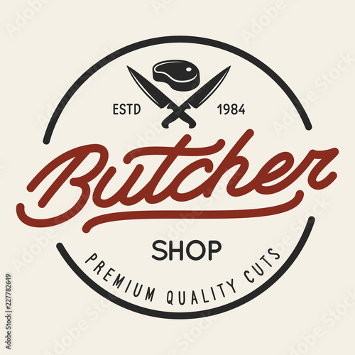 Butcher shop labels badges emblem. Butchery store advertising design elements collection. Meat shop typography.