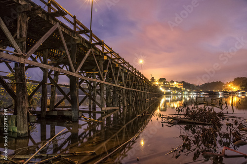 Mon Bridge, longest Wood bridge in Thailand, at Dawn in Sangkhla Buri, Thailand