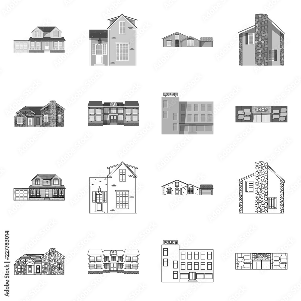 Vector illustration of building and front symbol. Collection of building and roof vector icon for stock.