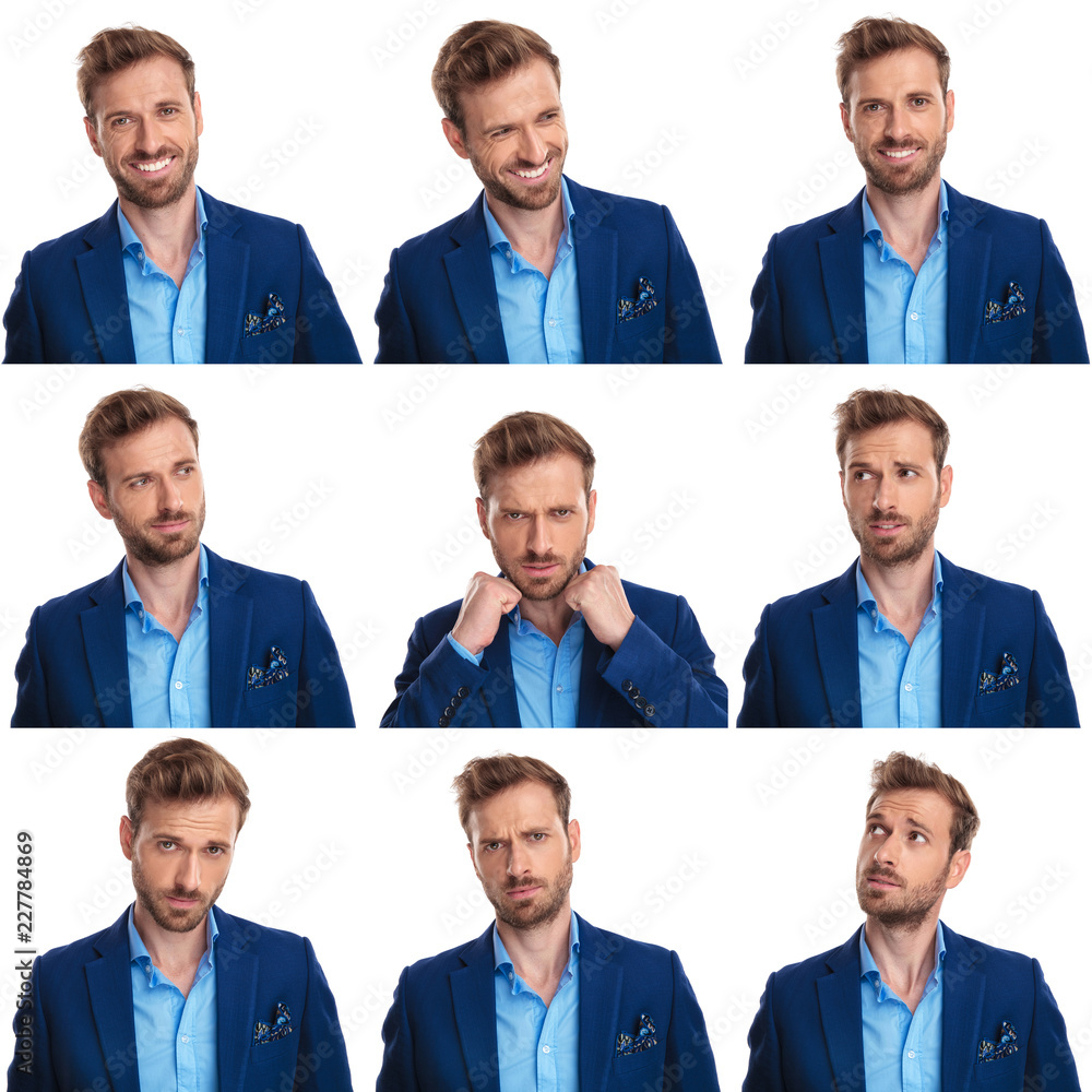 arrangement of 9 different poses of a young businessman arrangement of 9 different poses of a young businessman