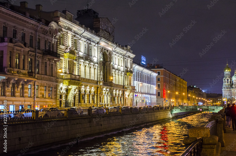 Night St. Petersburg, Griboyedov canal at night in the direction of the Church Saved on Blood