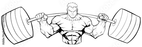 Line art illustration of strong bodybuilder doing squats with barbell on white background.