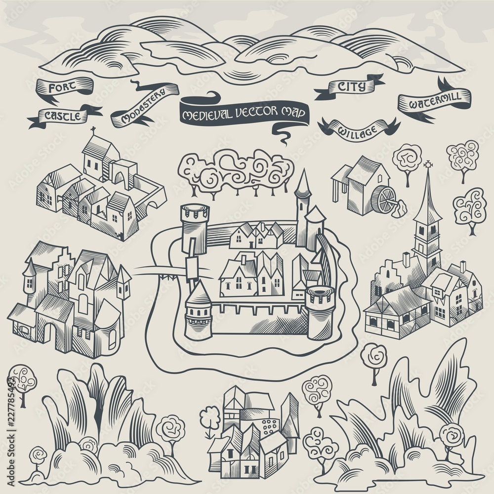 Obraz premium Medieval middle age map elements engraving and woodcut style vector cartography black and white, monochrome illustration