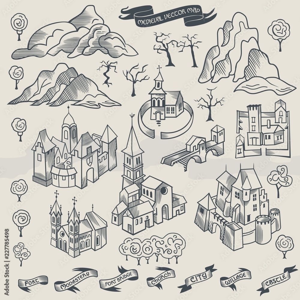 Medieval middle age map elements engraving and woodcut style vector cartography black and white, monochrome illustration