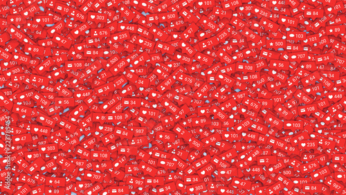Abstract background filled of icons of social media network activity. Notification of likes, comments, followers. Sign of social network activity with counters, rating scale. Vector illustration.