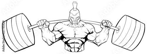 Line art illustration of strong Spartan warrior doing squats with a barbell on white background.